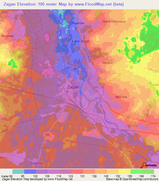 Zagan,Poland Elevation Map