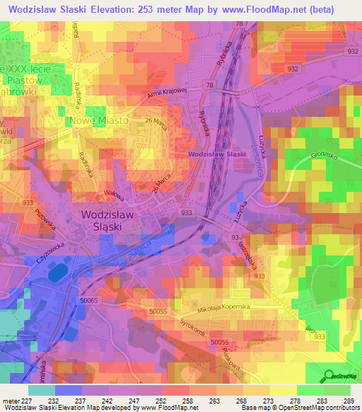 Wodzislaw Slaski,Poland Elevation Map