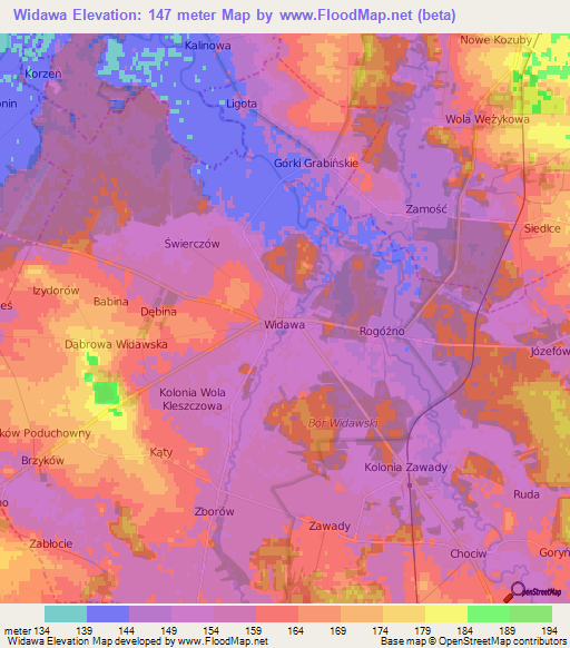 Widawa,Poland Elevation Map