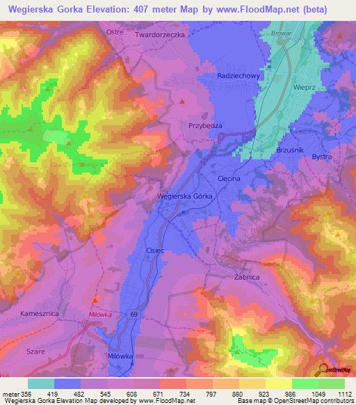 Wegierska Gorka,Poland Elevation Map