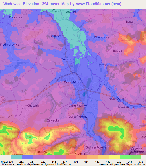 Wadowice,Poland Elevation Map