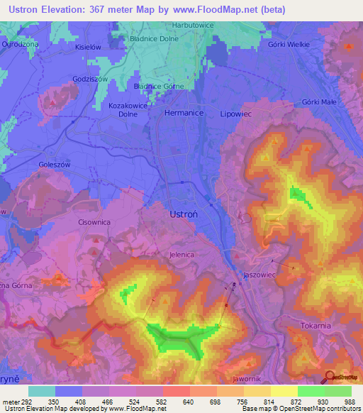 Ustron,Poland Elevation Map
