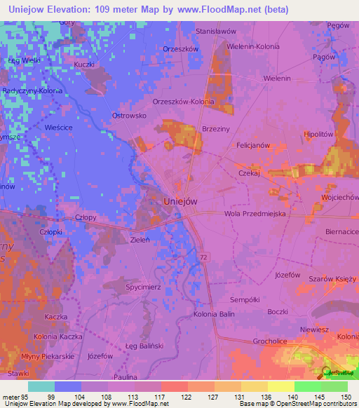 Uniejow,Poland Elevation Map