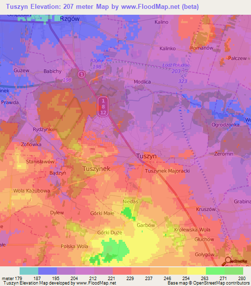 Tuszyn,Poland Elevation Map