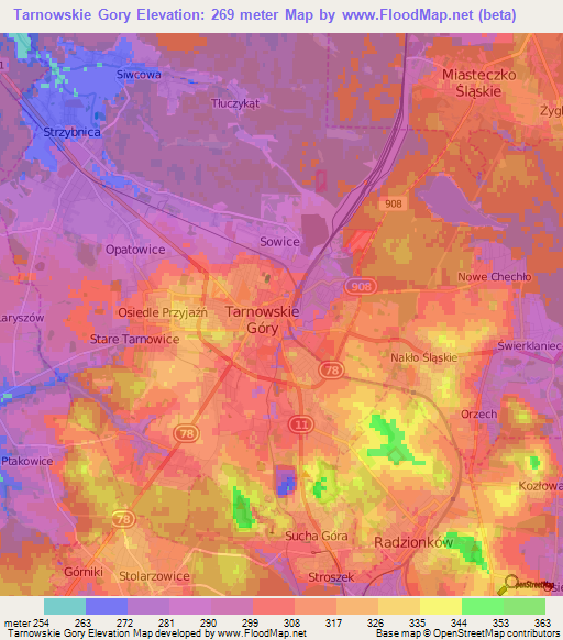 Tarnowskie Gory,Poland Elevation Map