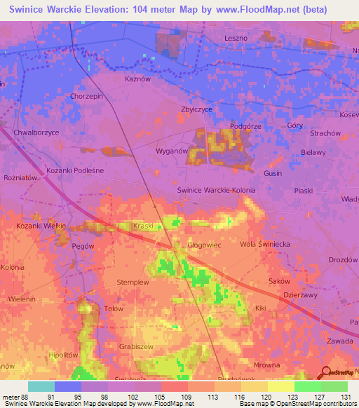 Swinice Warckie,Poland Elevation Map