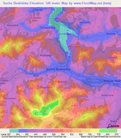Sucha Beskidzka,Poland Elevation Map