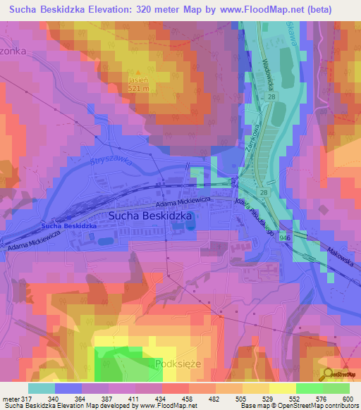 Sucha Beskidzka,Poland Elevation Map
