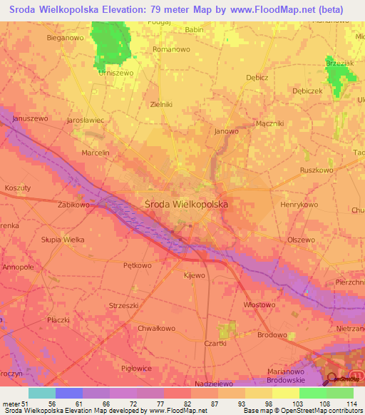 Sroda Wielkopolska,Poland Elevation Map