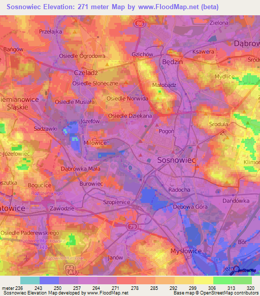 Sosnowiec,Poland Elevation Map