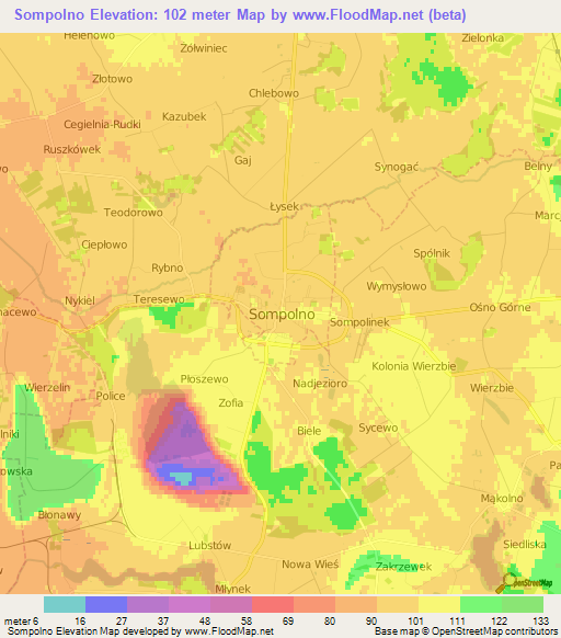 Sompolno,Poland Elevation Map