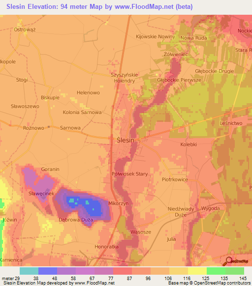 Slesin,Poland Elevation Map