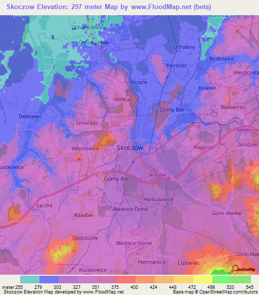 Skoczow,Poland Elevation Map
