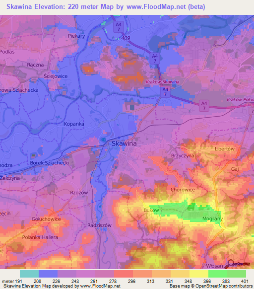 Skawina,Poland Elevation Map