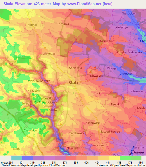 Skala,Poland Elevation Map