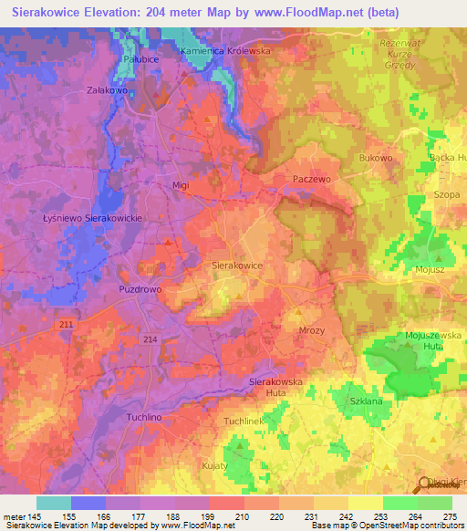 Sierakowice,Poland Elevation Map