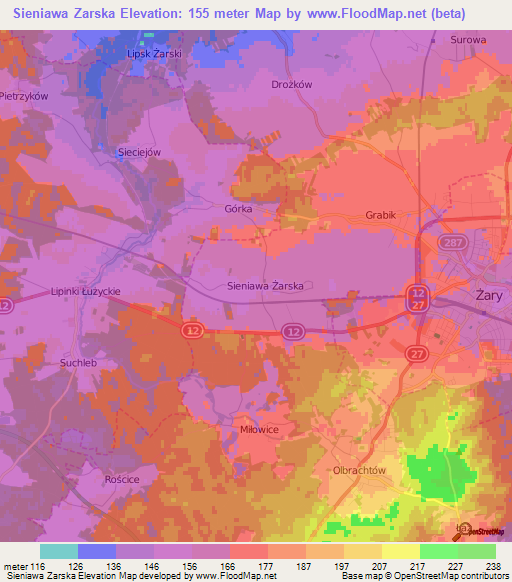 Sieniawa Zarska,Poland Elevation Map