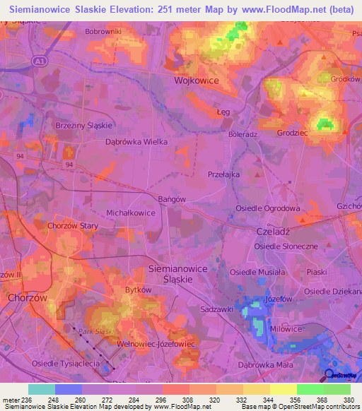 Siemianowice Slaskie,Poland Elevation Map
