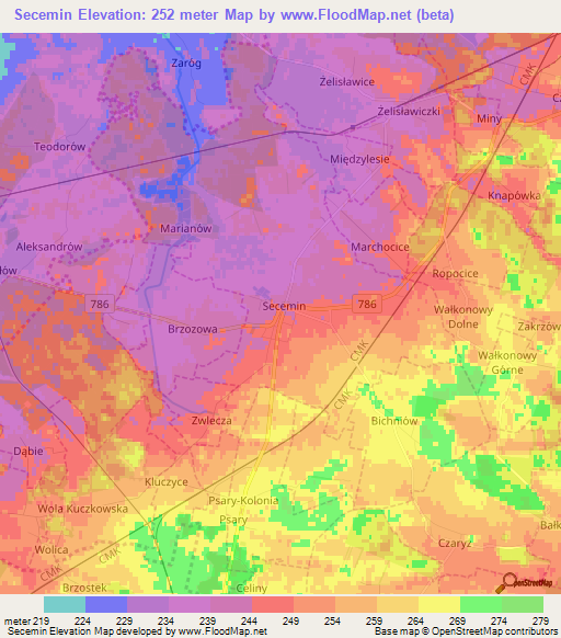 Secemin,Poland Elevation Map