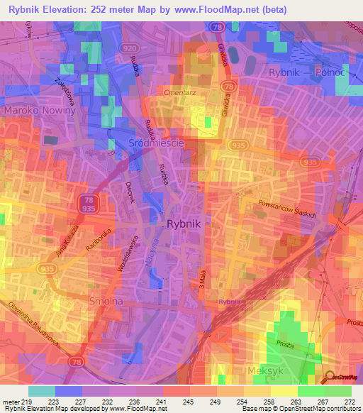 Rybnik,Poland Elevation Map