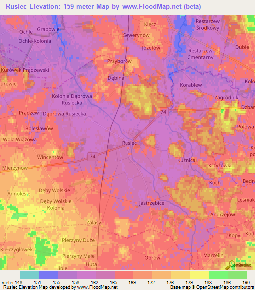 Rusiec,Poland Elevation Map
