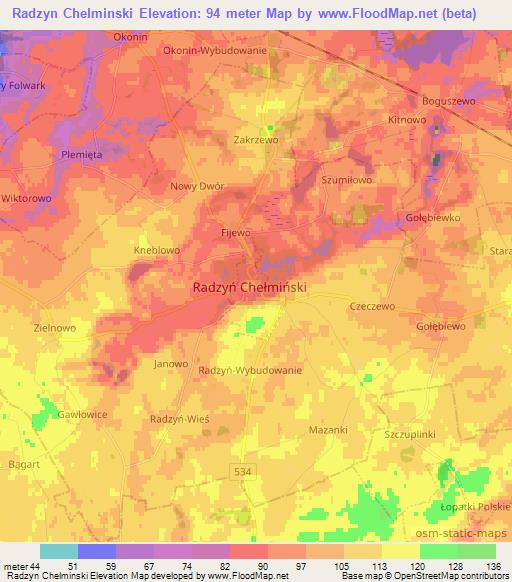Radzyn Chelminski,Poland Elevation Map
