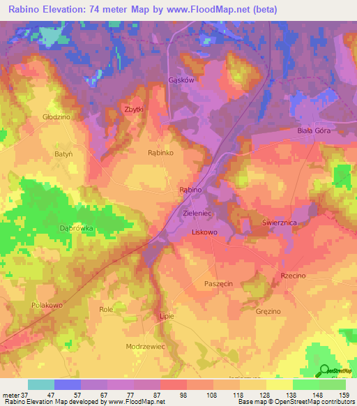 Rabino,Poland Elevation Map