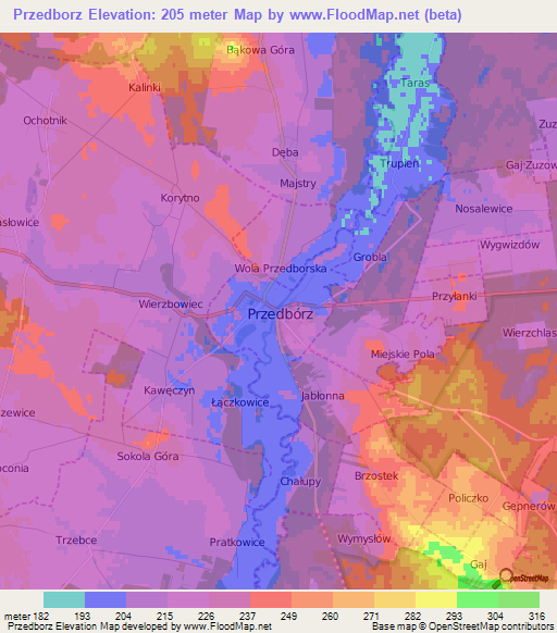 Przedborz,Poland Elevation Map