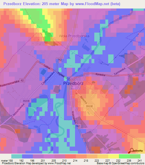 Przedborz,Poland Elevation Map