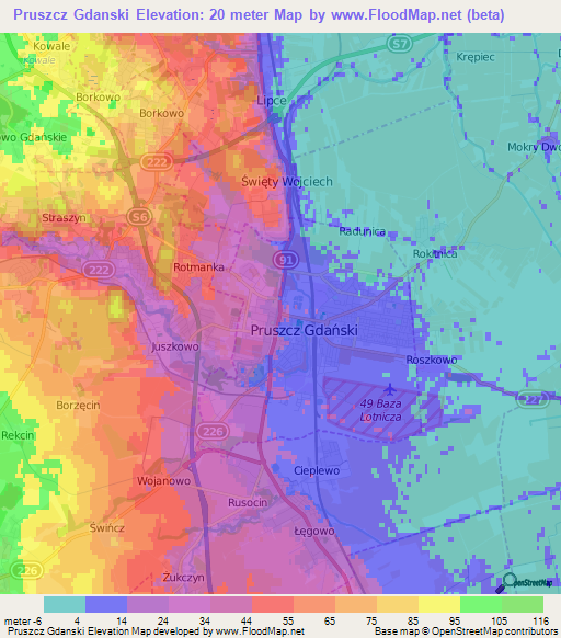 Pruszcz Gdanski,Poland Elevation Map