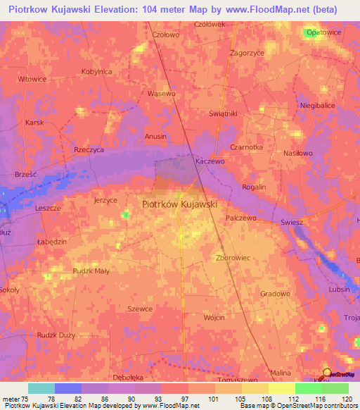Piotrkow Kujawski,Poland Elevation Map
