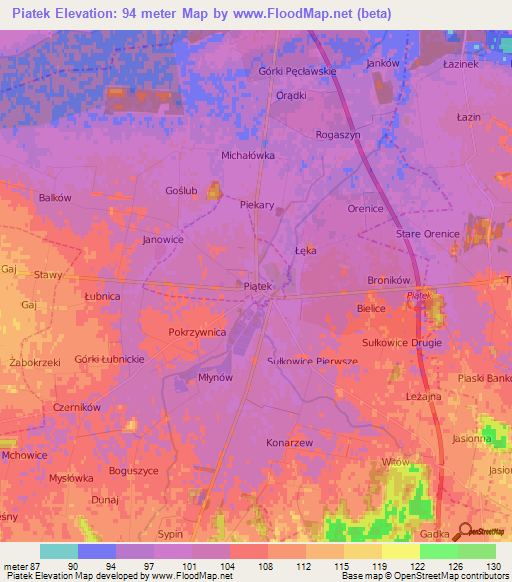 Piatek,Poland Elevation Map