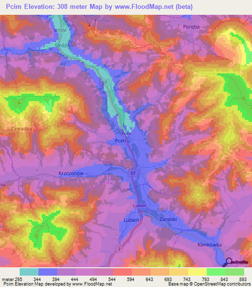 Pcim,Poland Elevation Map