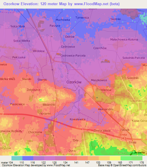 Ozorkow,Poland Elevation Map