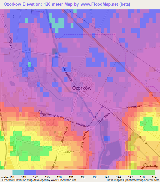 Ozorkow,Poland Elevation Map