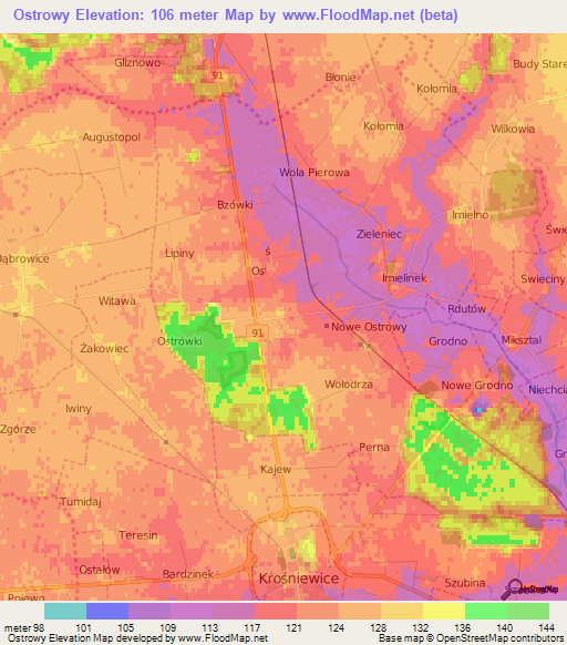 Ostrowy,Poland Elevation Map