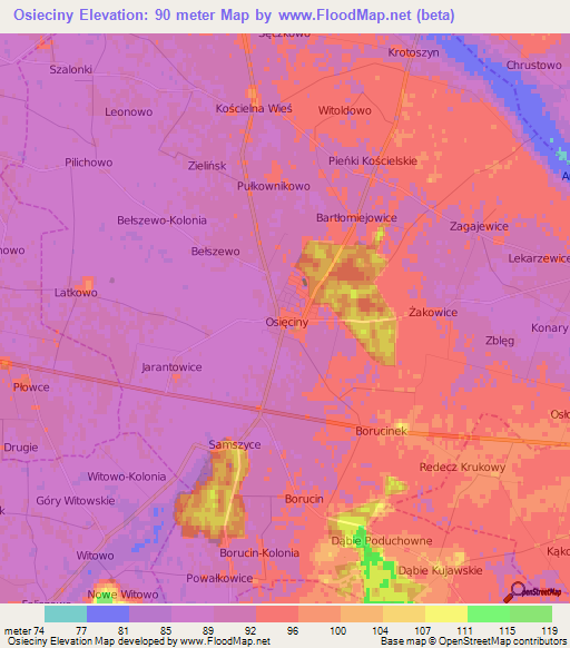 Osieciny,Poland Elevation Map