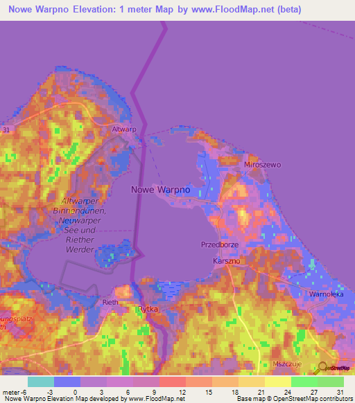 Nowe Warpno,Poland Elevation Map