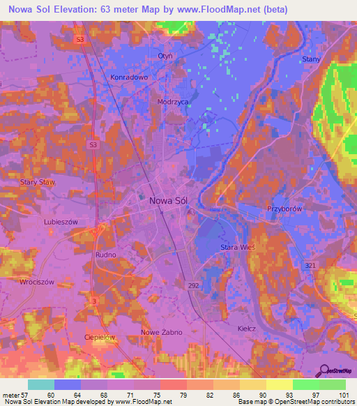 Nowa Sol,Poland Elevation Map