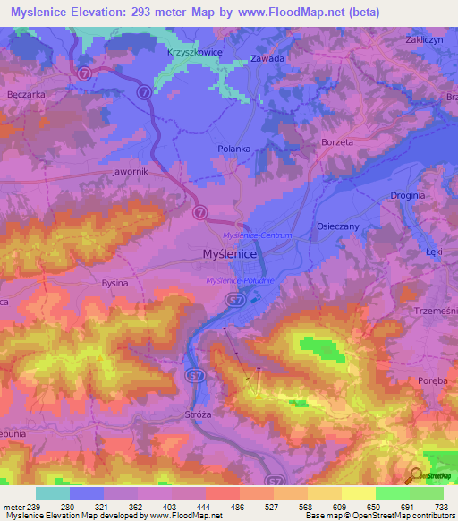 Myslenice,Poland Elevation Map