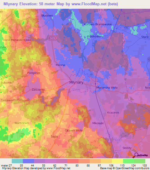 Mlynary,Poland Elevation Map