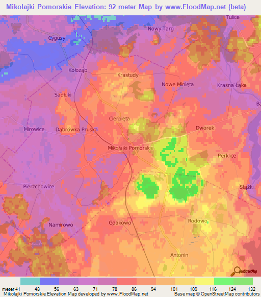 Mikolajki Pomorskie,Poland Elevation Map