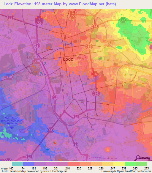 Lodz,Poland Elevation Map
