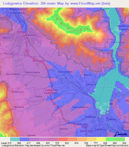 Lodygowice,Poland Elevation Map