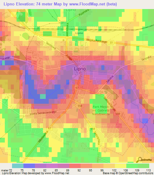 Lipno,Poland Elevation Map