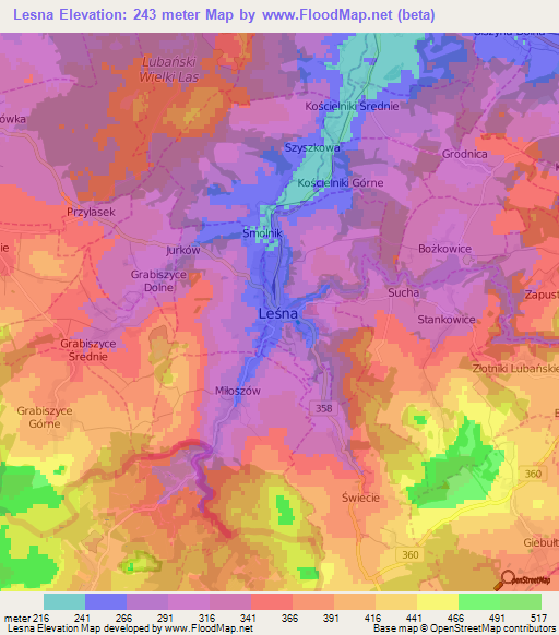 Lesna,Poland Elevation Map