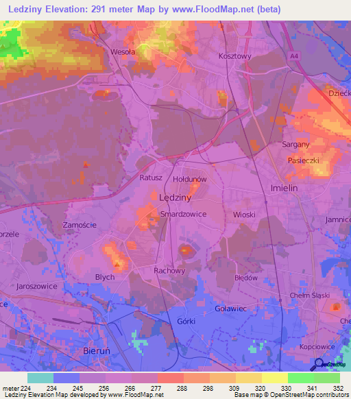 Ledziny,Poland Elevation Map