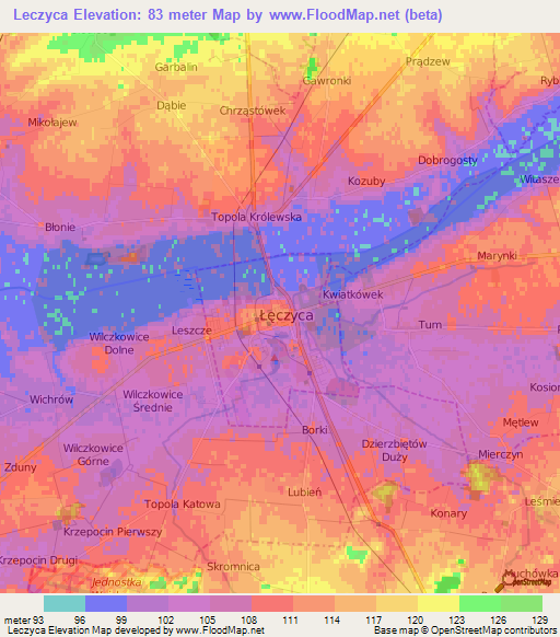 Leczyca,Poland Elevation Map