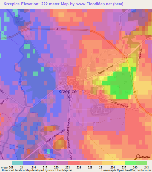 Krzepice,Poland Elevation Map