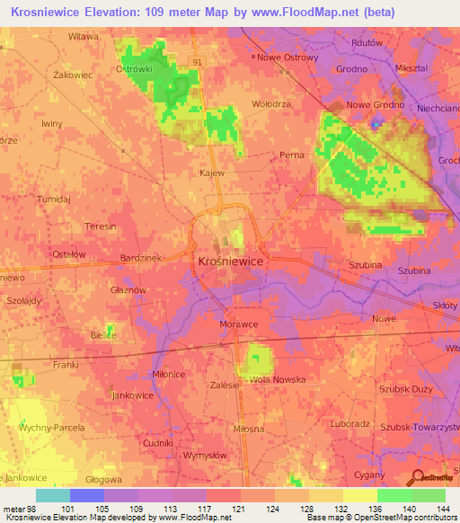 Krosniewice,Poland Elevation Map